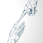 Two robotic hands touching index fingers